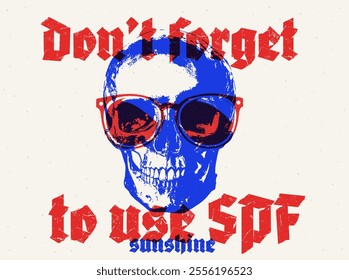 Vector print of vintage skull with glasses in punk style. Grunge skeleton head illustration.