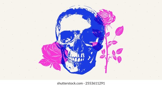 Vector print of vintage skull and rose. Isolated blue and pink design with grunge texture, featuring a scary skeleton head and floral elements. 