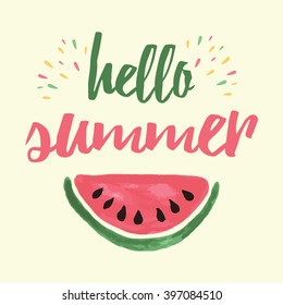 Vector print with watermelon and lettering. Hello summer. Typographic printable banner for summer design. Hand drawing abstract fruit. Heart.