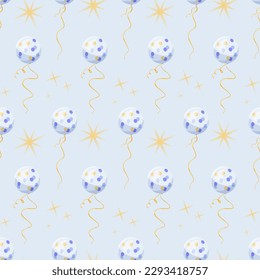 Vector print. White, blue and yellow set with cristal helium ballons and stars. Baby shower pattern for fabric, textile, wrapping paper, cards ets. Newborn illustration. Pastel boys design.