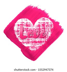 Vector print with white scratched heart on realistic pink brush stroke. Text Love. Isolated on white background.