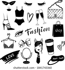 
Vector print with women's accessories in fashion style. Can be used for design and printing on large format