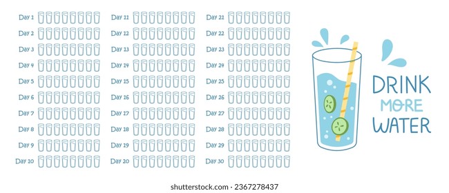 Vector printable 30 day water balance challenge. 8 glasses per day goal. Hydration tracker. Drinking enough glass of water. Monthly water balance tracker template.