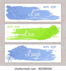 vector printable banners with hand drawn feathers with artistic brush stroke  and labels