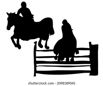 Vector printable black and white silhouette: show jumping horse and rider