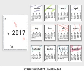 Vector printable calendar for 2017 year with hand drawn textures. Monthly calendar.