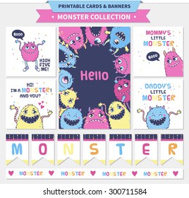 Vector printable cards and banners. Monster collection.