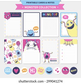 Vector printable cards and notes. Monster collection.