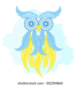 vector printable fashion illustration of cartoon owl from hand drawn feather and mandala on watercolor background. Can be printed on t-shirt, pillow, cup