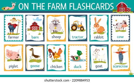 Vector printable flashcards set with cartoon farm animals. Kids collection for learning english words with barn, tractor, farmer and scarecrow. Rural countryside flash cards with piglet, sheep, rabbit