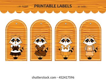 Vector printable gift tags, labels and stickers with kawaii raccoon girls on wooden texture. Flat element for design. Set for stationery, diary or notes. Space for text included, set 3/4