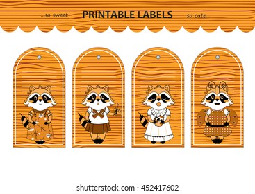 Vector printable gift tags, labels and stickers with kawaii raccoon girls on wooden texture. Flat element for design. Set for stationery, diary or notes. Space for text included, set 4/4