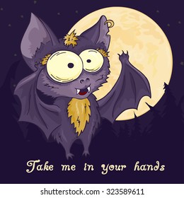 vector printable hand drawn cute cartoon bat full moon and pine forest on the background. Can be used as a decor for gift card, poster, invitation card