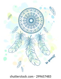 vector printable hand drawn illustration with dream catcher with feathers on watercolor background and label "be yourself". Can be printed on t-shirt, diary, pillow or poster
