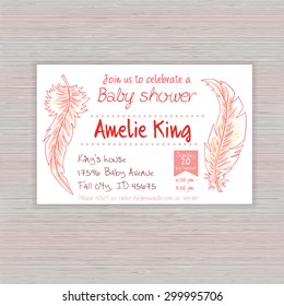 vector printable hand drawn illustration of baby shower invitation card with feather on wooden desk