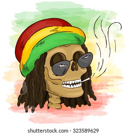 vector printable hand drawn reggae smoking skull wearing rasta hat, sunglasses and dreadlocks on watercolor background. Can be printed on mug, pillow, t-shirt