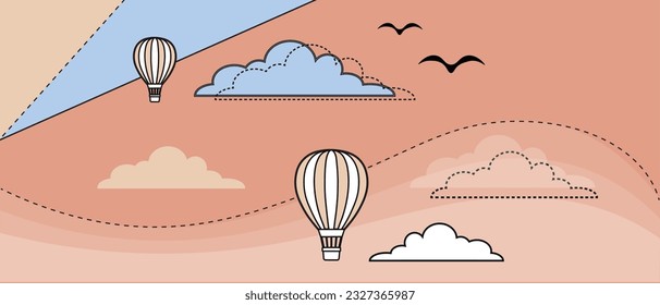 Vector Printable Hot Air Balloon with Clouds and Birds Background. Cool Design of Hot Air Balloon flying in blue sky. Clean Environment Concept Flying Balloon. Vector Cute  Cartoon Style Sky Landscape