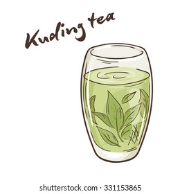vector printable illustration of isolated cup of kuding tea with label