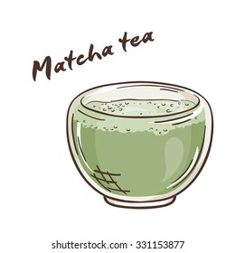 vector printable illustration of isolated cup of matcha tea with label