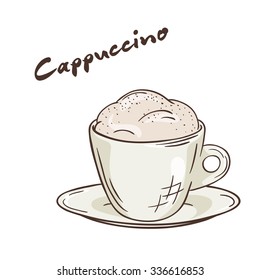 vector printable illustration of isolated cup of cappuccino with label