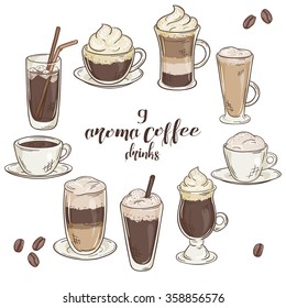 vector printable illustration with set of isolated cup of coffee drinks. Contains coffee, latte, mocha, cappuccino and others