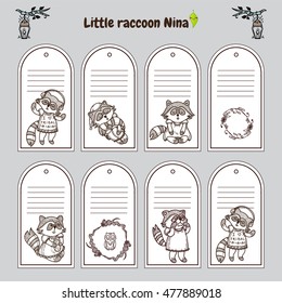 Vector printable label tag, card for present or hand-made items, package stickers. Cute vintage illustration of raccoon girl, cartoon hand drawing style. Forest elements, animal art, coloring note