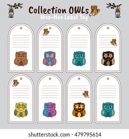 Vector printable label tag, card for presents or hand-made items, package stickers. Cute vintage illustration of birds, cartoon owl in different color palette. Forest elements, animal art
