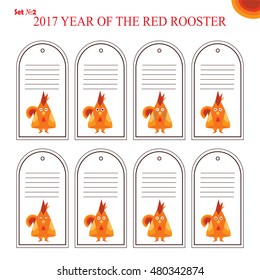 Vector printable label tag, card for present, package stickers. Flat rooster, symbol of 2017 chinese year. Cartoon illustration of funny birds. Poultry object, red, orange, white colors