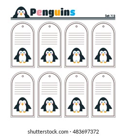 Vector printable label tag, card for present, package stickers. Flat polar penguins, Kawaii bird symbol. Cartoon illustration of funny birds. Penguins object, black, blue, white colors