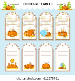 Vector printable label tag, card for present or hand-made items, package stickers. Cute illustration of kawaii crabs, cartoon hand drawing style. Animal art in childish colors 