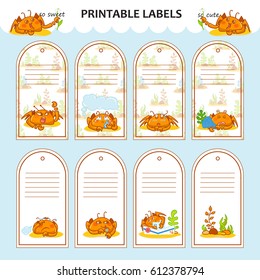 Vector printable label tag, card for present or hand-made items, package stickers. Cute illustration of kawaii crabs, cartoon hand drawing style. Animal art in childish colors 