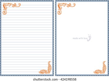 Vector printable letter paper stationery. Doodle style. Sweet seaweeds and flower. Note blank and stickers for diary, notebook, hand writing. Two options: with line and without. Orange, grey, blue