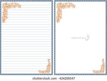 Vector printable letter paper stationery. Doodle style. Sweet seaweeds and flower. Note blank and stickers for diary, notebook, hand writing. Two options: with line and without. Orange, grey, blue