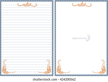 Vector printable letter paper stationery. Doodle style. Sweet seaweeds and flower. Note blank and stickers for diary, notebook, hand writing. Two options: with line and without. Orange, grey, blue
