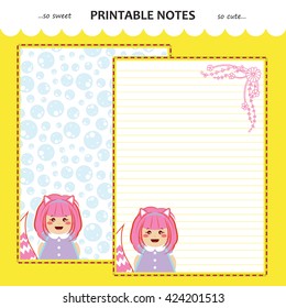 Vector printable letter paper stationery. Flat cartoon style. Kawaii manga anime girl, doodle flower. Note blank for diary, notebook, hand writing. Two options: line and without. Yellow, pink, lilac
