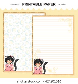 Vector printable letter paper stationery. Flat cartoon style. Kawaii manga anime girl, doodle flower. Note blank for diary, notebook, hand writing. Two options: with line and without. Yellow, pink
