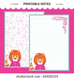 Vector printable letter paper stationery. Flat cartoon style. Kawaii manga anime girl, doodle flower. Note blank for diary, notebook, hand writing. Two options: with line and without. Magenta, orange
