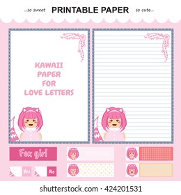 Vector printable letter paper stationery. Flat cartoon style. Kawaii manga anime girl, doodle flower. Note blank and stickers for diary, notebook, hand writing. Two options: with line and without