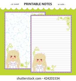 Vector printable letter paper stationery. Flat cartoon style. Kawaii manga anime girl, doodle flower. Note blank for diary, notebook, hand writing. Two options: with line and without. Green, blue