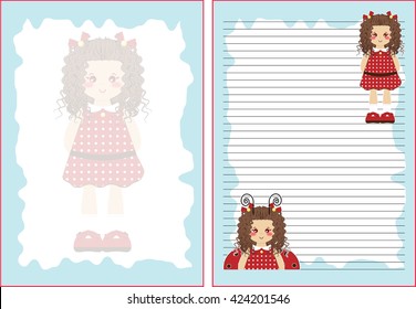 Vector printable letter paper stationery. Flat cartoon style. Kawaii manga anime girl, doodle flower. Note blank for diary, notebook, hand writing. Two options: with line and without. Blue, red