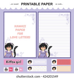 Vector printable letter paper stationery. Flat cartoon style. Kawaii manga anime girl, doodle flower. Note blank and stickers for diary, notebook, hand writing. Two options: with line and without.