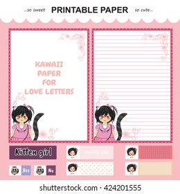 Vector printable letter paper stationery. Flat cartoon style. Kawaii manga anime girl, doodle flower. Note blank and stickers for diary, notebook, hand writing. Two options: with line and without.