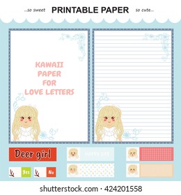 Vector printable letter paper stationery. Flat cartoon style. Kawaii manga anime girl, doodle flower. Note blank and stickers for diary, notebook, hand writing. Two options: with line and without.