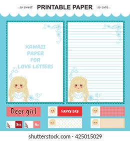 Vector printable letter paper stationery. Flat cartoon style. Kawaii manga anime girl, doodle flower. Note blank and stickers for diary, notebook, hand writing. Two options: with line and without.