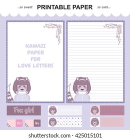 Vector printable letter paper stationery. Flat cartoon style. Kawaii manga anime girl, doodle flower. Note blank and stickers for diary, notebook, hand writing. Two options: with line and without