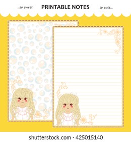 Vector printable letter paper stationery. Flat cartoon style. Kawaii manga anime girl, doodle flower. Note blank for diary, notebook, hand writing. Two options: with line and without. Yellow, white