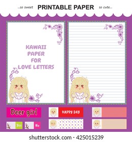 Vector printable letter paper stationery. Flat cartoon style. Kawaii manga anime girl, doodle flower. Note blank and stickers for diary, notebook, hand writing. Two options: with line and without.