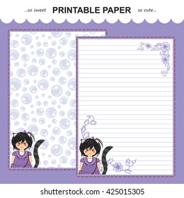 Vector printable letter paper stationery. Flat cartoon style. Kawaii manga anime girl, doodle flower. Note blank for diary, notebook, hand writing. Two options: with line and without. Violet, lilac