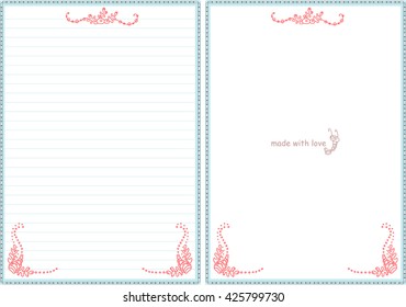 Vector printable letter paper stationery. Doodle style. Sweet seaweeds and flower. Note blank and stickers for diary, notebook, hand writing. Two options: with line and without. Pink, blue, white