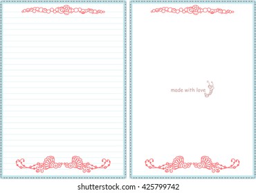 Vector printable letter paper stationery. Doodle style. Sweet seaweeds and flower. Note blank and stickers for diary, notebook, hand writing. Two options: with line and without. Pink, blue, white